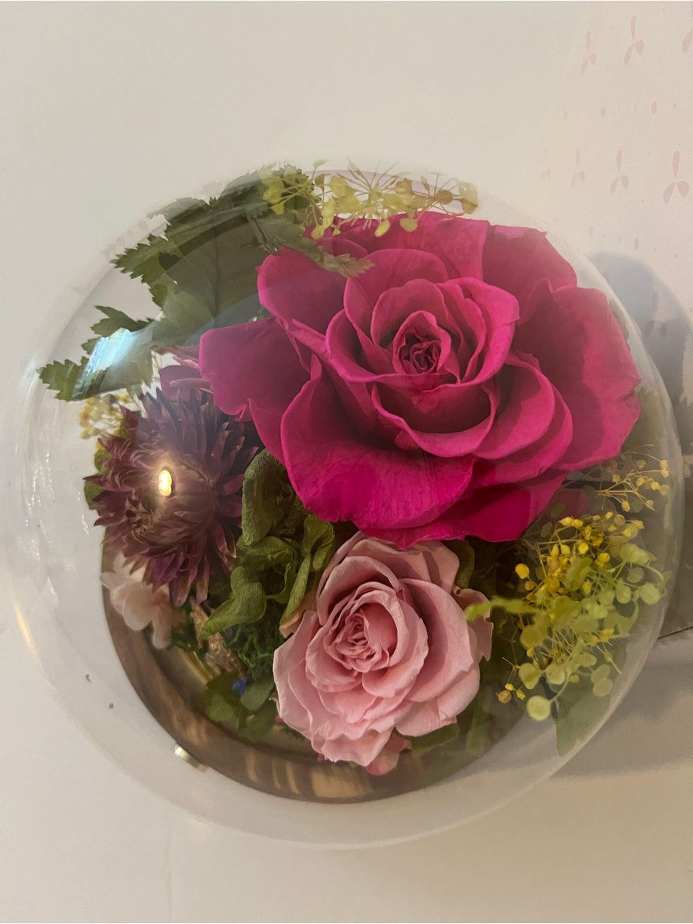 Preserved Pink Rose Dome Floral Accent